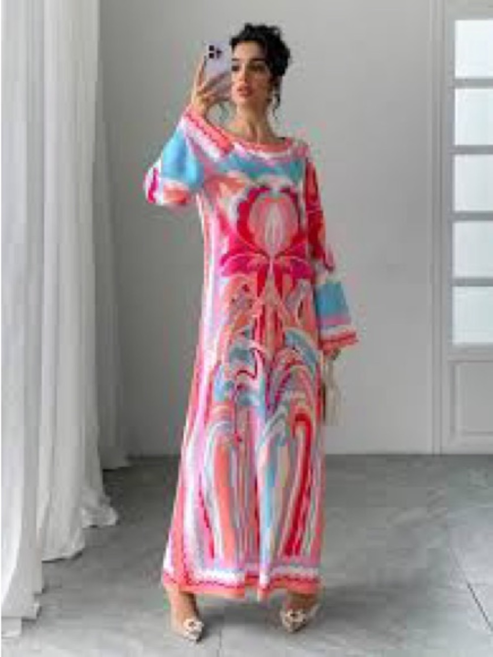 Vibrant Pink & Blue Kaftan- Maxi Dress. OS